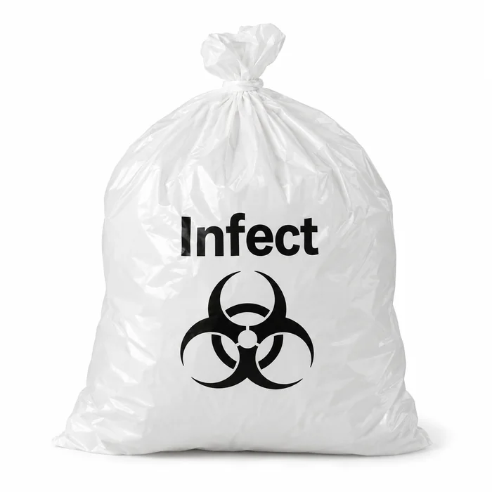 Saco de lixo hospitalar branco com símbolo de material infectante